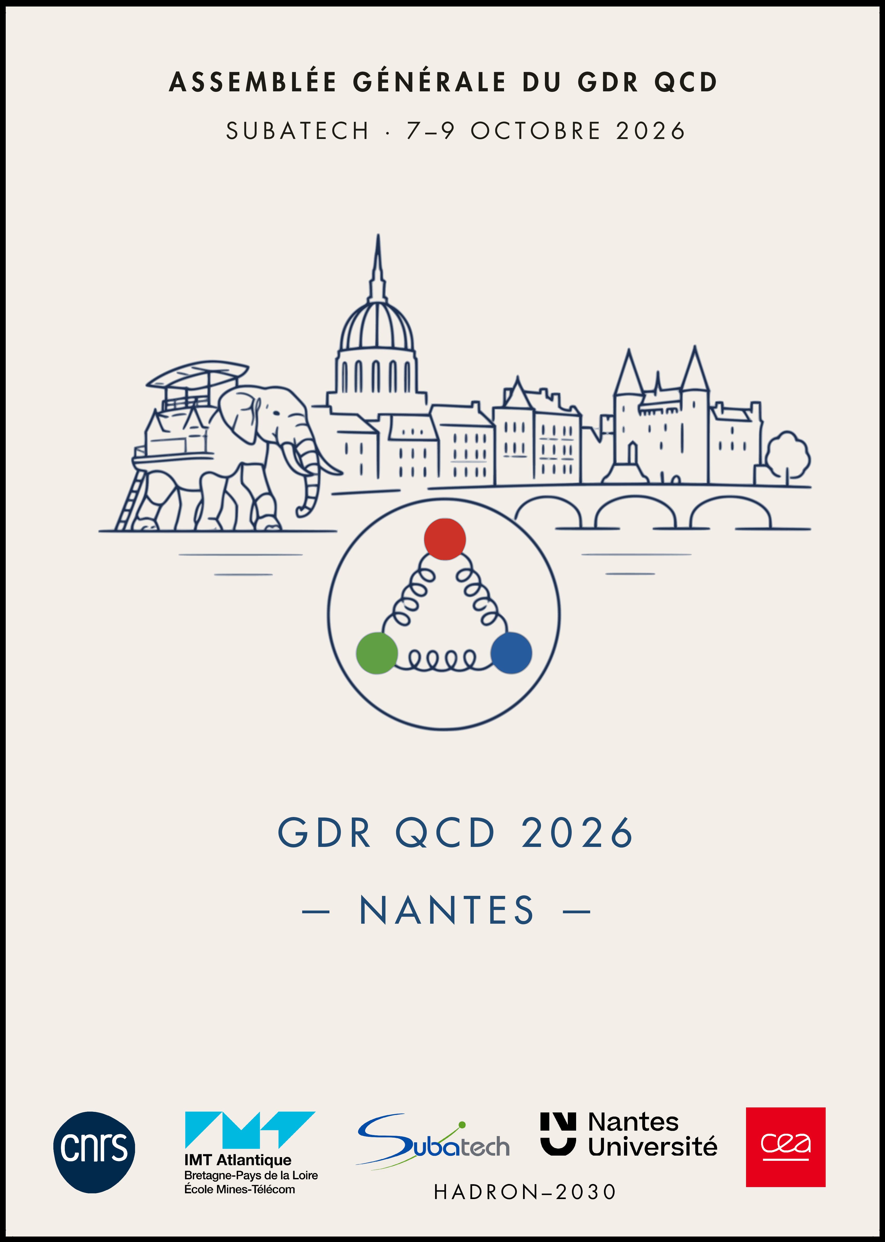 Du 7 au 9 octobre 2026, Subatech a accueilli dans les locaux de l’IMT Atlantique, l’Assemblée générale 2026 du Groupement de Recherche (GdR) QCD du CNRS, organisée par le GdR QCD et notre laboratoire, avec le soutien du CEA/IRFU, de l’IN2P3 et de l’INP du CNRS, de Nantes Université et d’IMT Atlantique